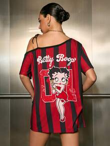 Betty Boop x SHEIN 女士夏季时尚街头卡通人物字母条纹印花打结肩部不对称领口宽松T恤
