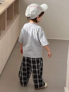 2pcs/Set Baby Boys' Round Neck Printed Casual T-Shirt And Plaid Casual Pants Set Summer - Grey - View 8