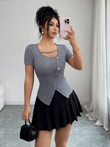 Elenzga 不对称褶皱方领修身开衩下摆短袖T恤 - 灰色 - 查看 6