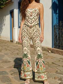 CAJUNI Pantalones lindos con estampado tropical de chintz para vacaciones tropicales - Caqui - Ver 5