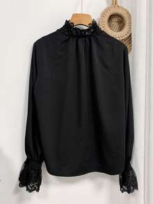 FRIFUL Women's Lace Trim Pleated Collar Fashion Versatile Long Sleeve Blouse For Commuting - Black - View 3