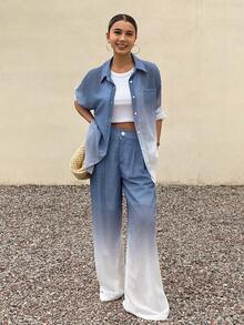 Livesso 春夏扎染宽松休闲街头风度假沙滩雪纺开衫衬衫和直筒裤两件套女装 - 藍色 - 查看 5