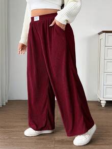 SHEIN CURVE+ 大码女式高腰宽松灯芯绒裤，带口袋和贴布设计，适合校园、日常穿着、室内工作、秋冬季节穿着。 - 酒紅色 - 查看 5