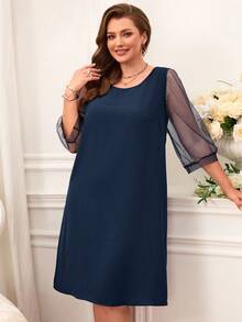 Miaspire Plus Size Women's Mesh Contrast Black Elegant Mother's Day Dress - Navy Blue - View 6