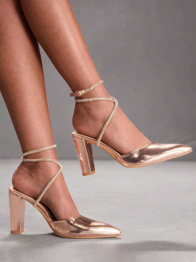 CUCCOO SZL Women's Champagne Elegant Pointed Toe High Heel Pumps, Rhinestone Pyramid Heel Sexy Ankle Strap High Heels, Alluring Party Sexy Ankle Strap Chunky Heels, Suitable For Office, Outdoor, Wedding, Banquet, Party, Spring, Easter Spring Shoes