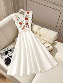 Franclia 女士印花拼接荷叶袖连衣裙，纯色圆领长裙，女士春夏度假装，腰部饰有D形环腰带，白色连衣裙，后背装饰拉链 - 白色 - 查看 6