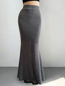 DAZY Women's High Waist Striped Mermaid Casual Skirt - Light Grey - View 8