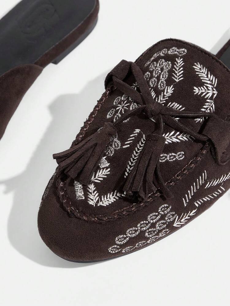 CUCCOO TILAWA ブラウンスエード刺繍タッセルノット付き丸トウフラットボトム女性用シューズ、快適な通勤ファッションレトロフラットボトム女性用シューズ