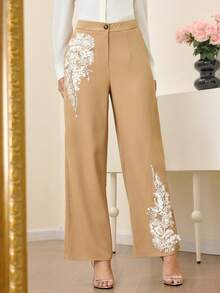 Modelyn 时尚新款串珠水钻装饰女士休闲裤 - 卡其色 - 查看 7