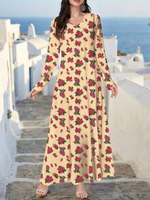 Al Najma Váy dài tay dệt kim họa tiết hoa cổ chữ V thanh lịch màu vàng dành cho quý cô mùa xuân/thu, thích hợp cho các buổi hẹn hò, kỳ nghỉ, trang phục hàng ngày, thường ngày, tiệc tùng, lễ hội, váy, váy dài mùa thu dành cho quý cô, váy dài thướt tha, váy maxi hoa/váy cổ điển, váy họa tiết thực vật, váy màu vàng - Màu vàng - Xem 3