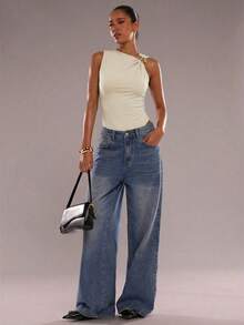 SHEIN BAE 女士性感简约纯色金属装饰不对称领口露背修身连体衣，夏季 - 杏色 - 查看 3