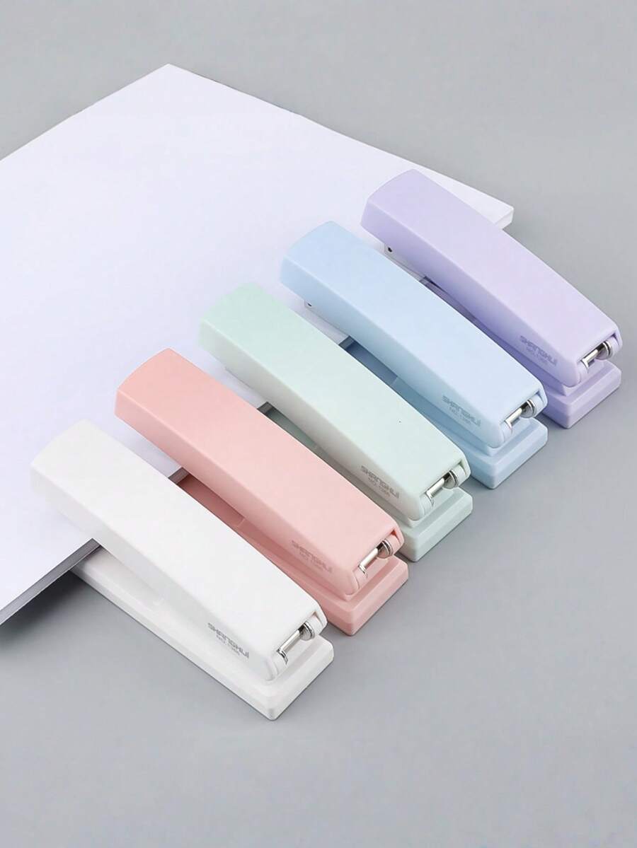 1 pieza Grapadora manual fácil de usar, adecuada para uso en oficina y escuela, grapadora de color macaron, ahorra trabajo, disponible en 5 colores interesantes, grapadora portátil de tamaño mediano - Multicolor - Ver 1