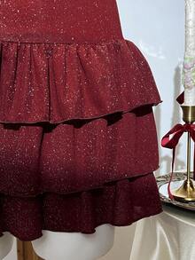 Elamini Women's Sexy Party Metallic Glitter Draped Neck Backless Ruffle Hem Bodycon Mini Dress, Summer - Burgundy - View 3