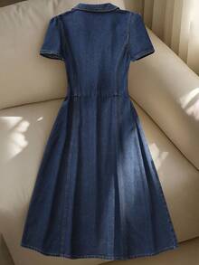 GlowEve Women's Short Sleeve Denim Dress With Elegant Bow-Shaped Decorative Button - Dark Wash - View 2