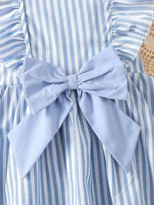 SHEIN Young Girl Blue & White Striped Bow Ruffle Trim Short Sleeve Pink Casual Dress, Fashionable Everyday Wear For Infants, Spring/Summer Resort - Blue - View 5