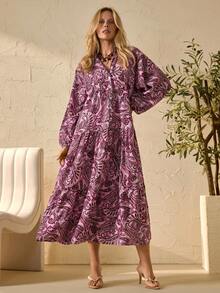 EURMUSE Women's Boho Paisley Long Dress – Long Sleeve V-Neck, Vintage Chic Elegant Casual Vacation Outfit - Multicolor - View 3