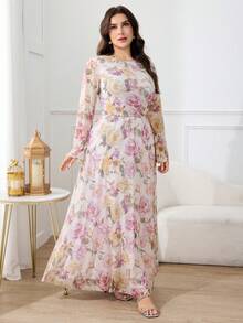 Modelyn Đầm dài tay phồng dáng suông cổ tròn họa tiết hoa vintage dành cho nữ cỡ lớn, chất liệu chiffon, thích hợp dự tiệc, cưới, dạ hội, dạ tiệc. - Nhiều màu - Xem 2