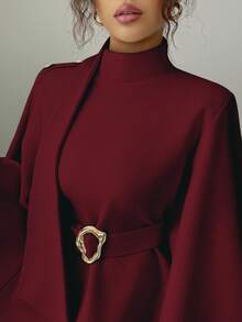 Elenzga Women's Fashionable Elegant Solid Color Asymmetrical Metal Buckle Jacket, Christmas - Burgundy - View 6