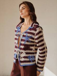 Anewsta Marine Life Striped Pattern Contrast Binding Tie Front Cardigan - Multicolor - View 2