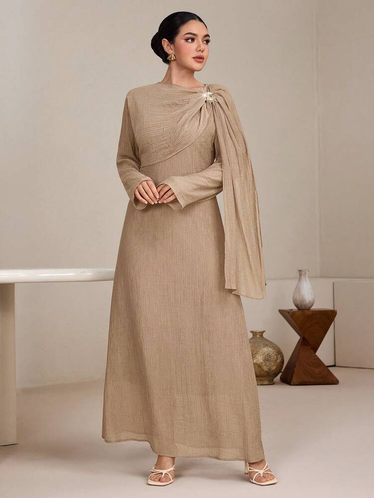 Graceveil Women's Plain Khaki Elegant A Line Maxi Dress Featuring Round Neck Long Sleeves And A Stylish Twist Detail