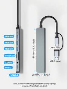 Teckwe USB 3.0 USB-C 集线器，带 SD 卡读卡器和音频插孔，8 合 1 USB 延长线分线器多端口转换器适配器，适用于 Air 及更多 PC/笔记本电脑/平板电脑设备 - 銀色 - 查看 7