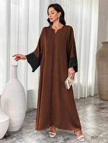 Al Najma Váy Maxi Ả Rập tay loe cổ chữ V màu tương phản cho nữ, váy dài tay kín đáo phong cách thanh lịch cho tiệc thường ngày/ngày lễ/buổi tối/khách dự tiệc cưới - màu đen - Xem 8