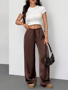 SHEIN Tall 女士低腰休闲复古缎面百搭棕色长裙 - 棕色 - 查看 5