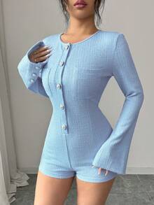 Selianne Women's Solid Color Round Neck Flare Sleeve Fitted Elegant Front Button Jumpsuit - Blue - View 5