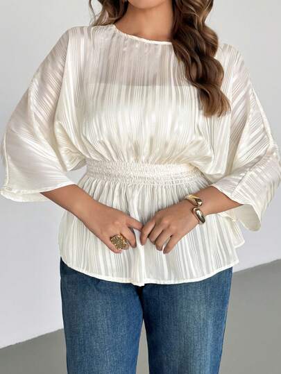 Auralis Plus-Size Women's Spring/Summer Fashion Elegant Loose Comfortable Everyday Basic Versatile Slimming Dark Striped Apricot Waist-Cinching Pullover Shirt,Spring Outfit Women,Going Out Tops,Summer Tops Cinched Waist Top White Sheer Top  Sheer Blouse Lantern Sleeve Blouse Spring Outfit Women Spring Blouse For Women