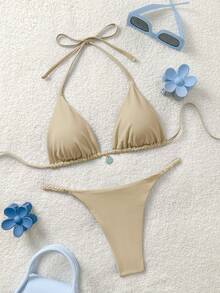 Soleia Damskie jednokolorowe bikini z wiązaniem na szyi, letnie - Kolor khaki - Zobacz 6