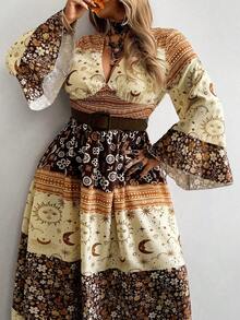 Whyspr 大码复古印花拼接喇叭袖连衣裙 - 彩色 - 查看 7