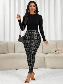 SHEIN Tall CURVE 大码女式休闲/办公通勤格子印花金色纽扣装饰修身高腰裤，适合日常生活、通勤、上学、教师、会议、外出、休闲等场合，高腰设计，春季女装，情人节，女士休闲装，黑色裤子 - 彩色 - 查看 7
