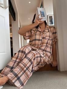 Dream Adore Plus Size Casual Khaki Plaid Print Lapel Short Sleeve Pajama Set - Khaki - View 7
