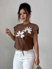 Elenzga 女士休闲贴花圆领褶皱蝙蝠袖T恤，夏季 - 棕色 - 查看 4