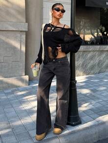 Muchica Women's Distressed Black Knit Pullover Sweater - Black - View 3