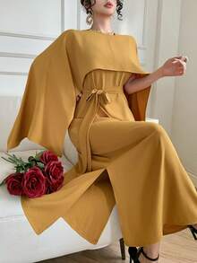 DAZY Bộ 2 món váy không tay màu trơn thanh lịch dành cho nữ, kiểu dáng bất đối xứng và áo khoác ngoài, thích hợp cho mùa xuân/hè, váy dự tiệc cưới cho nữ. - Màu vàng - Xem 9