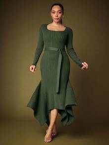 Vixey Square Neck Long Sleeve Asymmetrical Draped Hem Belted Sweater Dress - Army Green - View 2