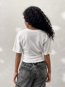 Coolane Kids Tween Girls Spring/Summer, Minimalist Y2K Basic Daily Wear Casual Back To School Streetwear Stretchy White Loose Ruched Crop Tees - White - View 2