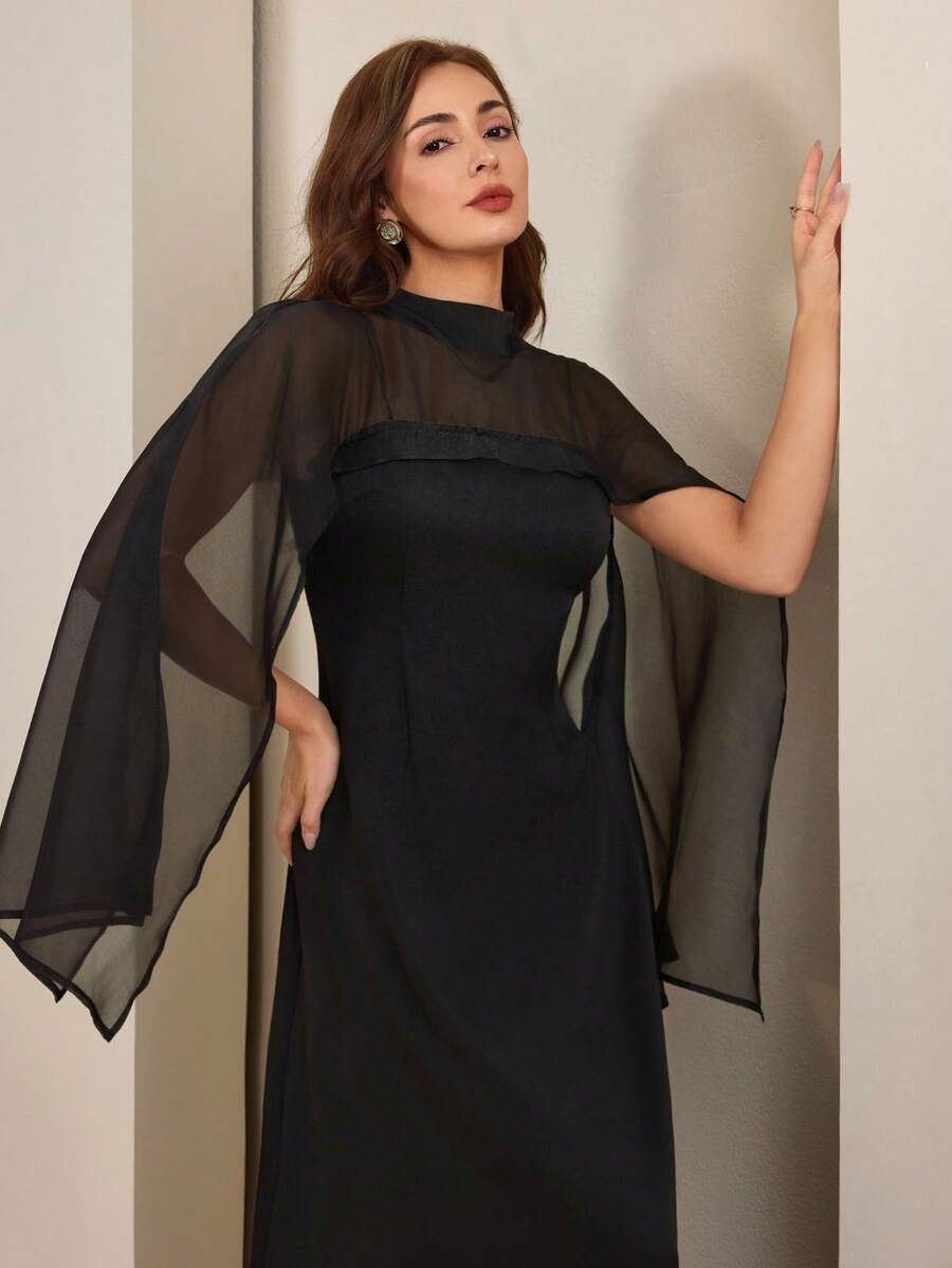 Graceveil 女士优雅斗篷袖收腰长裙，适合约会和派对 - 黑色 - 查看 1