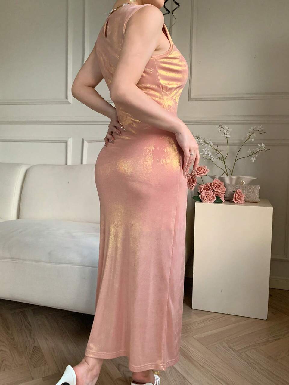 Women's Elegant Shiny Round Neck Sleeveless Pleated Dress, Summer Wedding Guest Dress Sundress