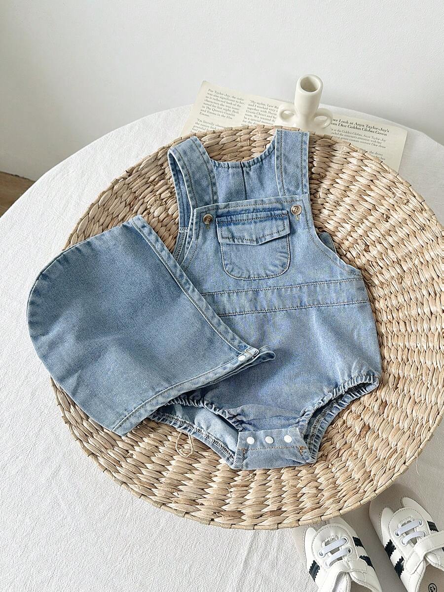 SHEIN Playful Pals Baby Boys' Denim Overalls, Casual, Fashionable, Versatile, Cute Design, Adjustable Straps, Relaxed Fit, Soft Cotton Denim Fabric, Suitable For Spring, Summer, Autumn, Winter - Medium Wash - View 1