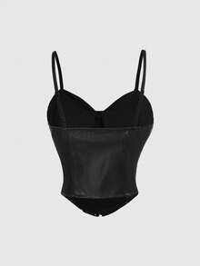 ROMWE Sexy Dark PUNK Rivet Patchwork Women PU Cami Top - Black - View 2