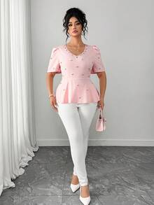SHEIN Elenzya Áo kiểu tay ngắn cổ chữ V màu trơn, cỡ lớn, đính đá lấp lánh, thanh lịch. - Hồng - Xem 7