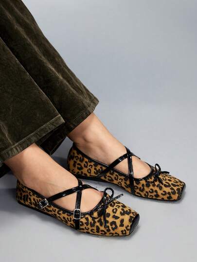 CUCCOO GRLICON Women's Leopard Print Bow Decor Buckle Design Casual Flat Shoes