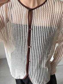 FRIFUL Women's Round Neck Open Front Mesh Contrast Trim Regular Jacket - Beige - View 3