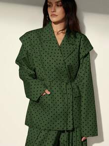 Aveloria Modichic 女士波点个性化长袖宽肩宽松翻领腰带直筒裤套装，初秋 - 綠色 - 查看 5