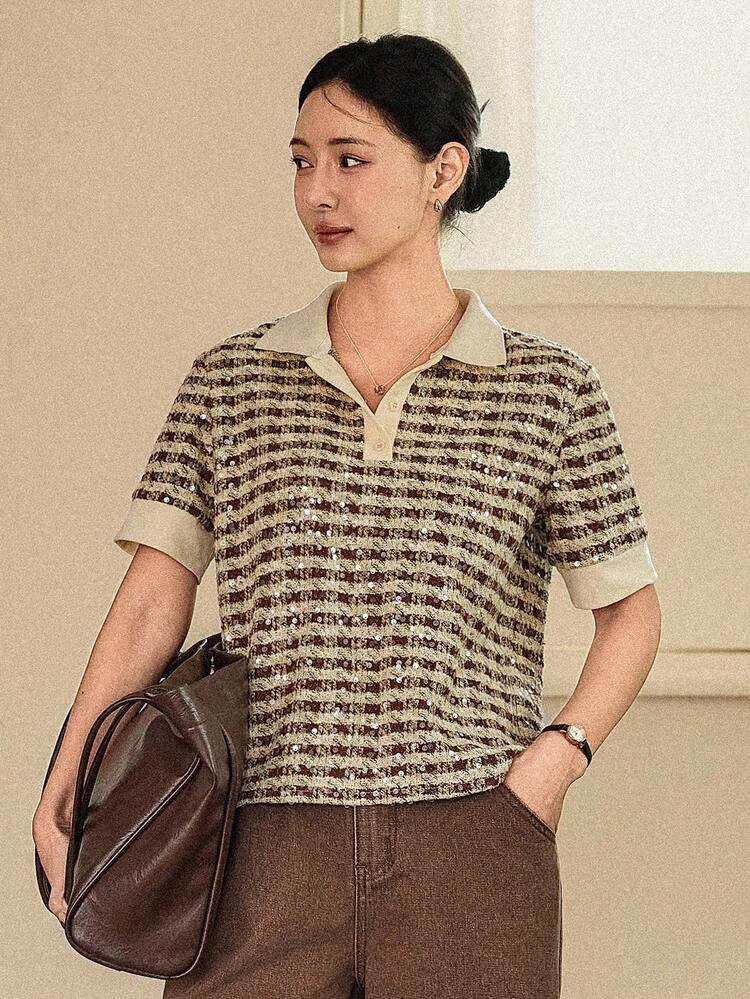 Spring & Summer Loose Casual Chic Patchwork Contrast Color Office Polo Collar Old Money Style Women T-Shirt Business Casual Woman