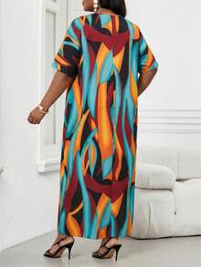 SHEIN Lady Đầm tay ngắn cổ chữ V in họa tiết toàn thân cỡ lớn, thích hợp cho kỳ nghỉ, phong cách thường ngày. - Nhiều màu - Xem 2