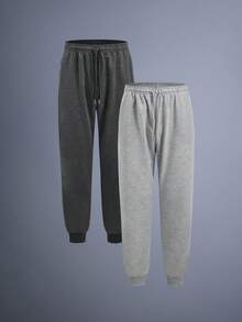 Driftmere 2条装男士抽绳腰纯色长款运动裤，基础黑色健身裤 - 彩色 - 查看 12