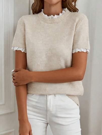 Louniche Elegant Apricot Crew Neck Lace Trim Patchwork Knit Short Sleeve Sweater, Suitable For Commute, Home, And Daily Wear, Spring/Summer